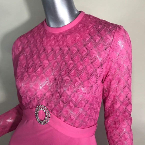 VINTAGE 70s Hot Pink Formal Maxi Dress Lace Crew Neck Long Sleeve Small Medium - Picture 5 of 16